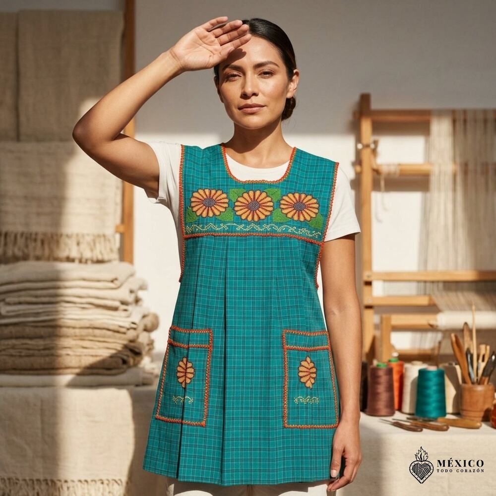 Traditional Mexican Cross-Stitch Embroidered Apron – Deluxe Artisan Smock Style